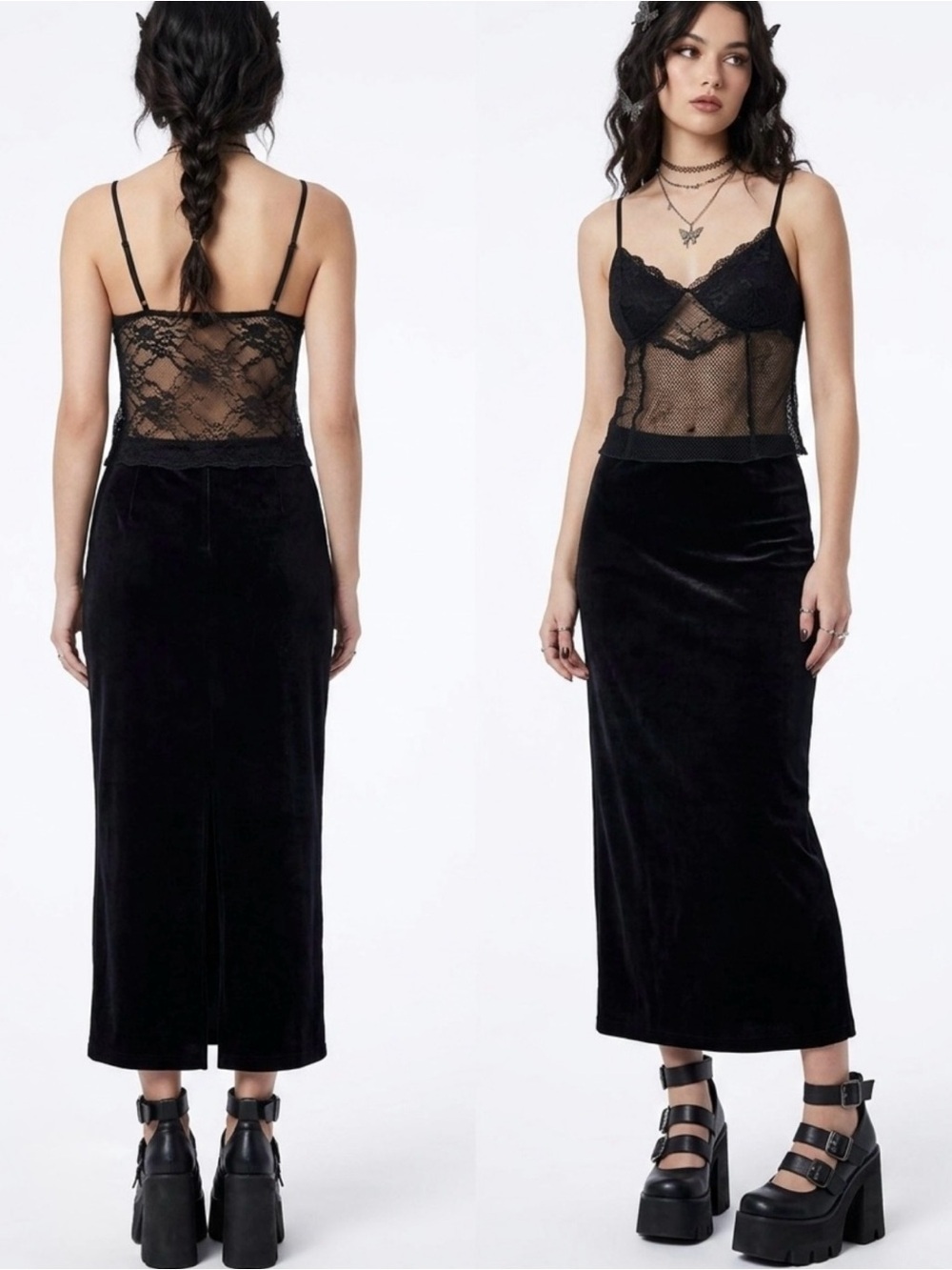 Vintage JOHN PAUL RICHARD Fairy Grunge Black Velvet Goth Whimsigoth Maxi Skirt S